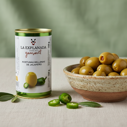Aceitunas Rellenas de Jalapeños con cuenco fondo fresco