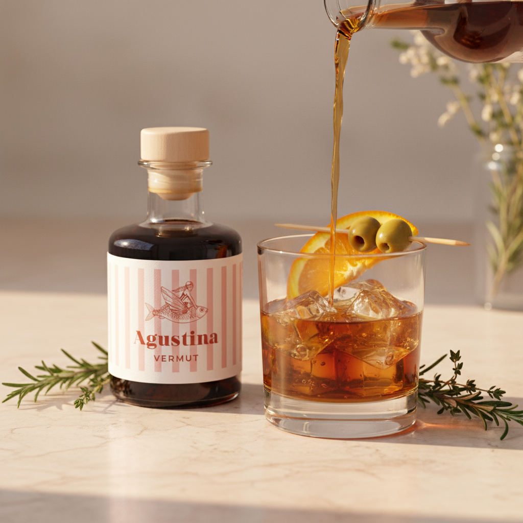 Vermut Agustinas 250ml con vaso corto sobre hielo, naranja y aceitunas sobre mármol crema