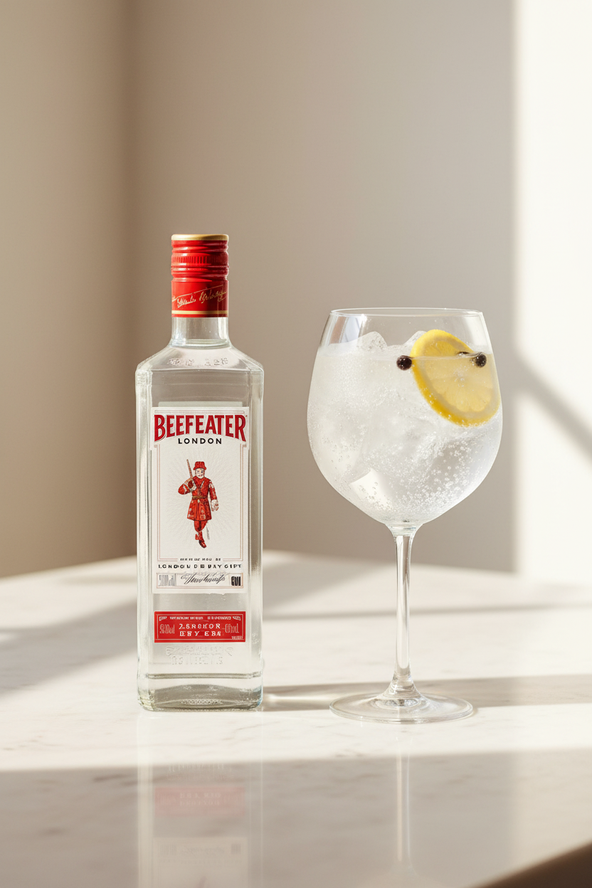 Beefeater London Dry Gin 500ml con copa de gin tonic, limón y bayas de enebro sobre mármol crema