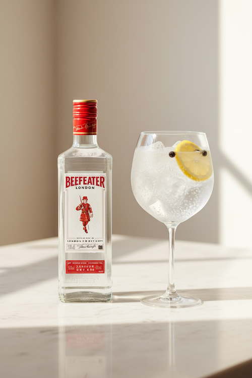 Beefeater London Dry Gin 500ml con copa de gin tonic, limón y bayas de enebro sobre mármol crema