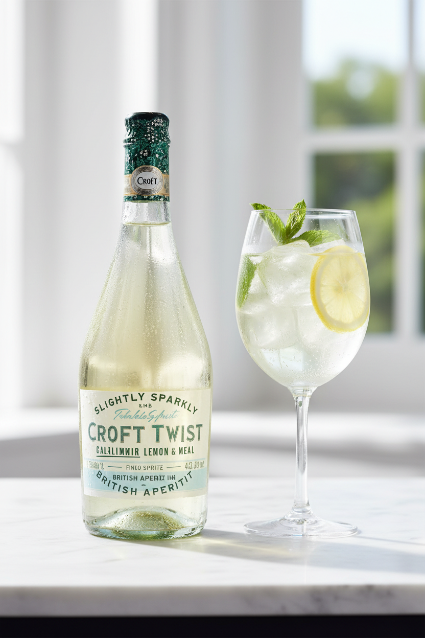 Croft Twist Fino Spritz 750ml en copa elegante con hielo, menta y limón