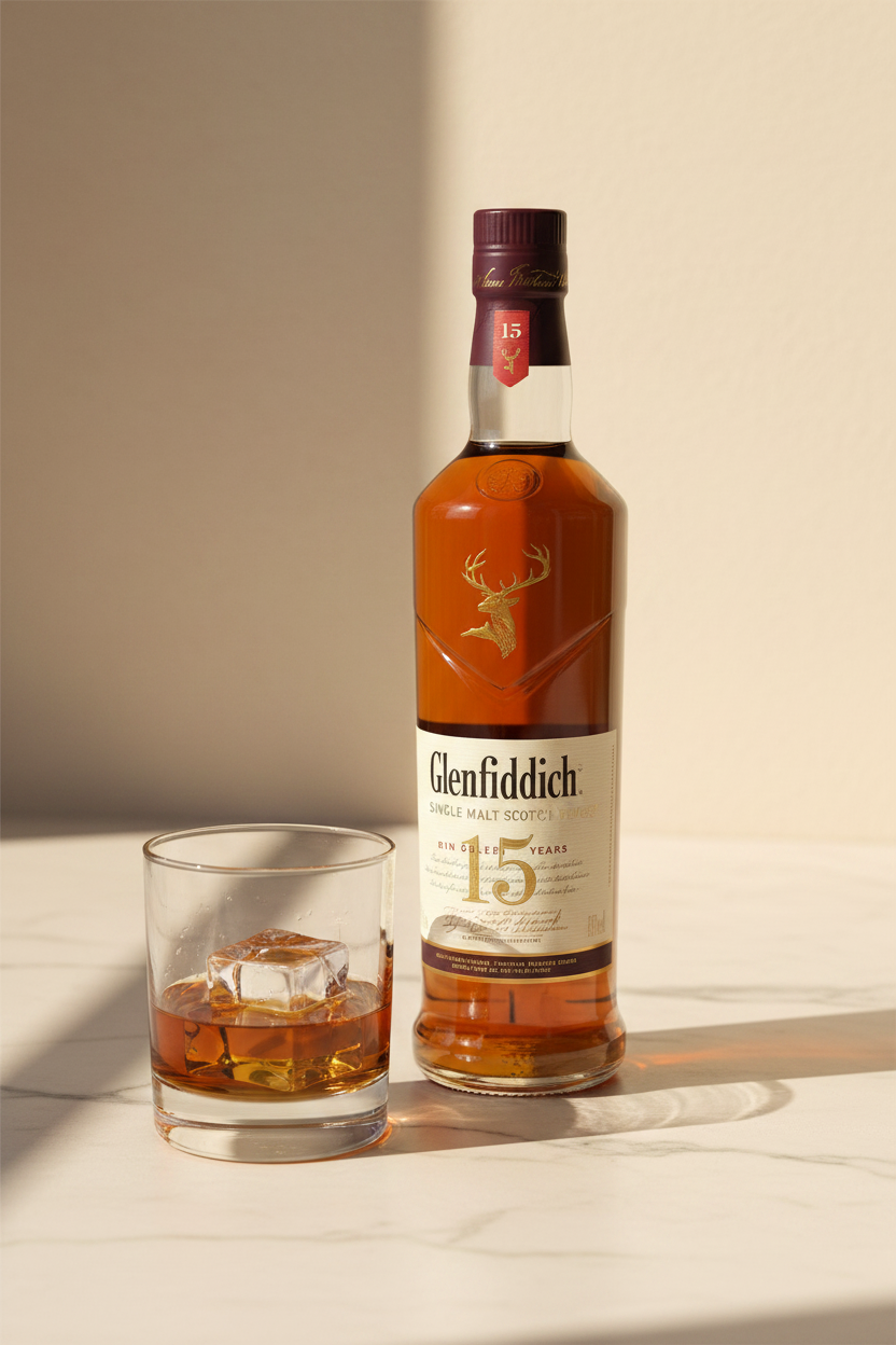 Glenfiddich 15 Años 500ml con vaso tumbler y hielo sobre mármol crema