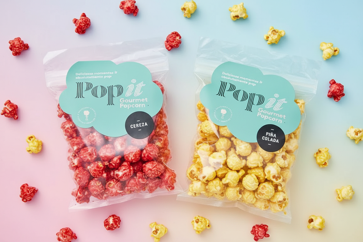 Pop It Gourmet Popcorn Cereza y Piña Colada con fondo colorido