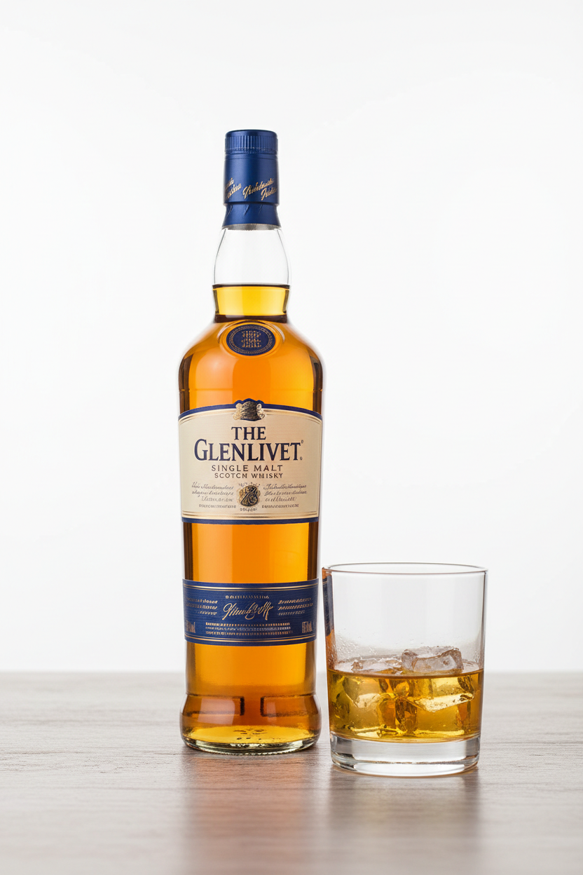 The Glenlivet Scotch Whisky con vaso