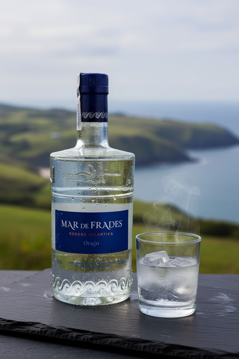 Orujo Mar de Frades 700ml presentación premium con copa y paisaje gallego