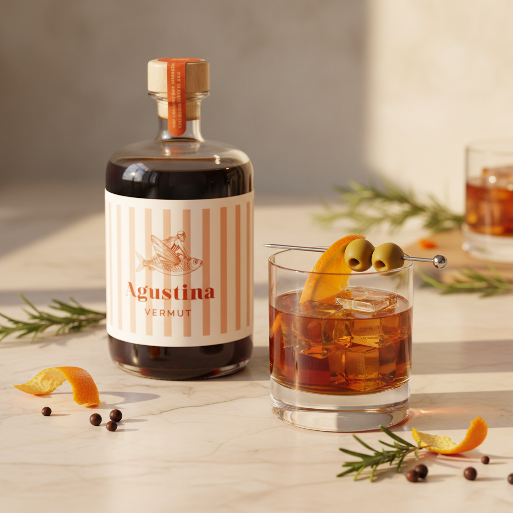 Vermut Agustinas 750ml con vaso corto sobre hielo, naranja y aceitunas sobre mármol crema