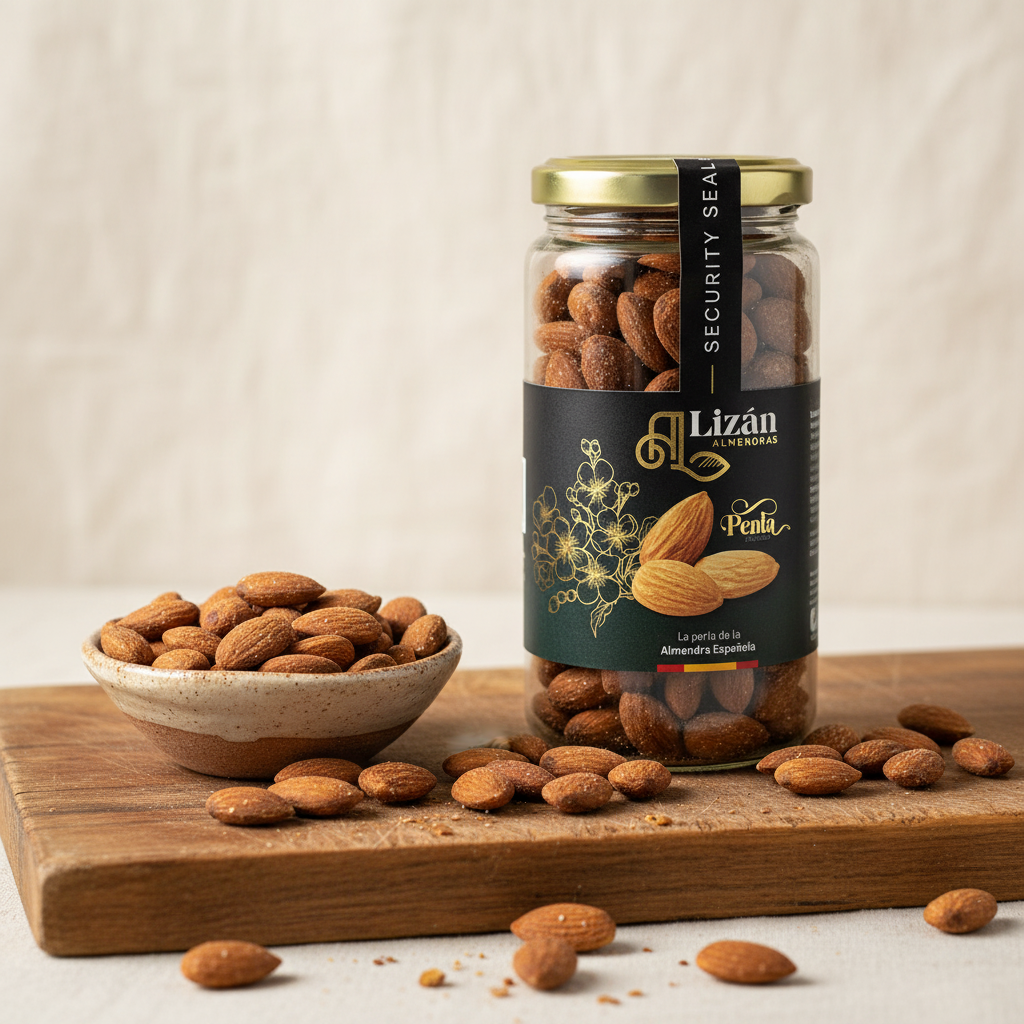 Almendras Lizán Penta 200g bote de cristal con almendras tostadas sobre tabla de madera