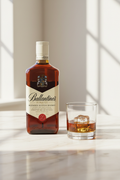 Ballantine's Finest 500ml con vaso tumbler sobre mármol crema y luz natural