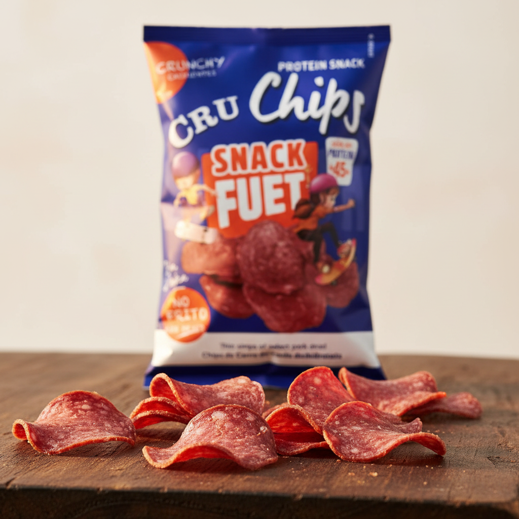 CRU Chips Snack Fuet 25g presentación apetecible con tabla de madera