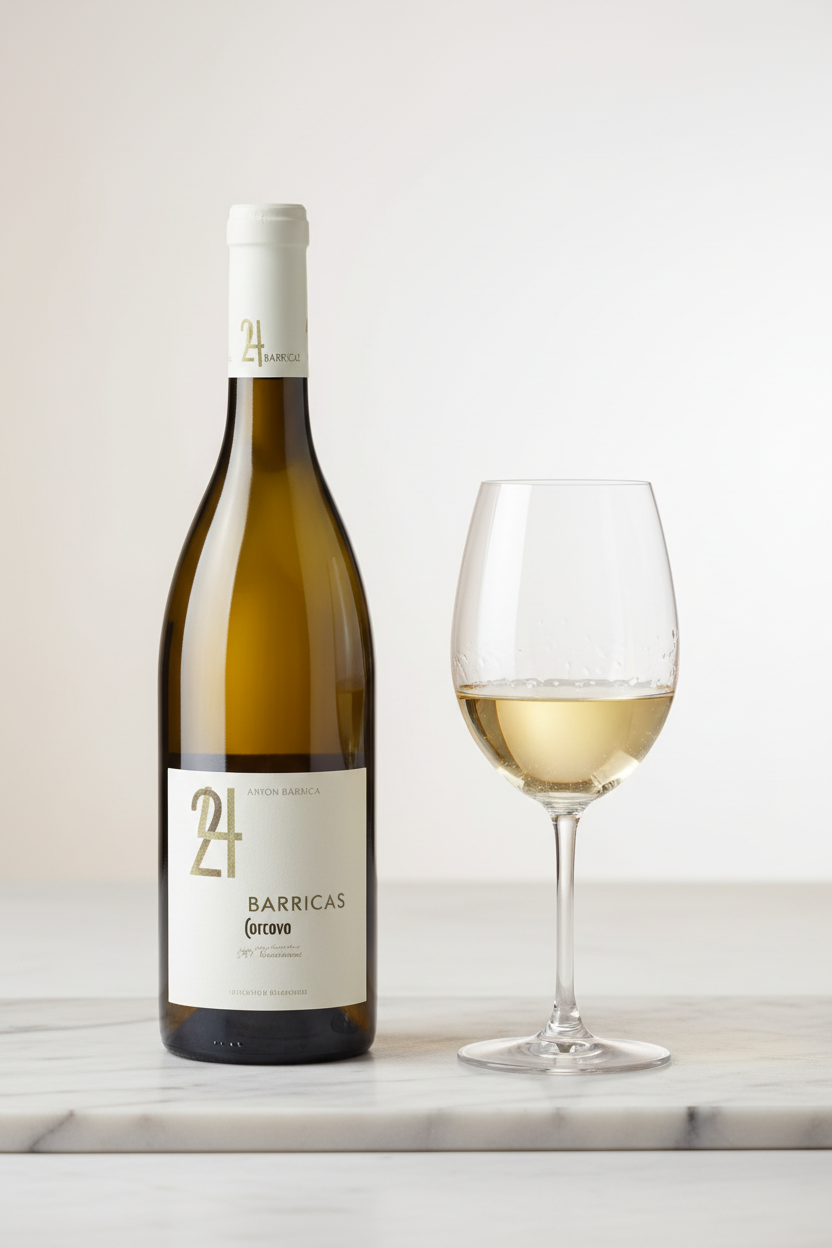 Corcovo Blanco 24 Barricas con copa de vino blanco