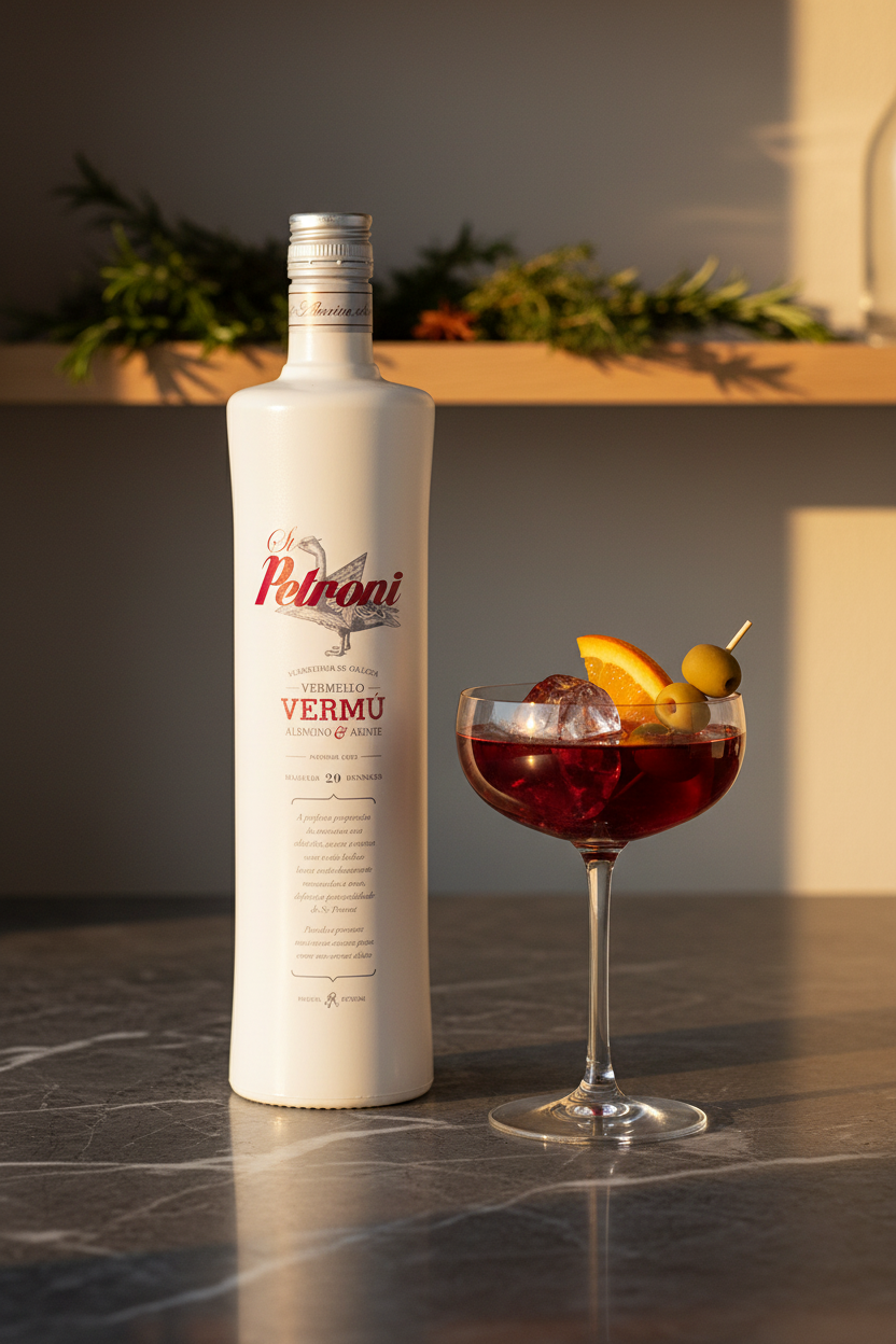 Vermú Petroni Tinto 500ml con copa coupe, naranja y aceitunas sobre mármol oscuro