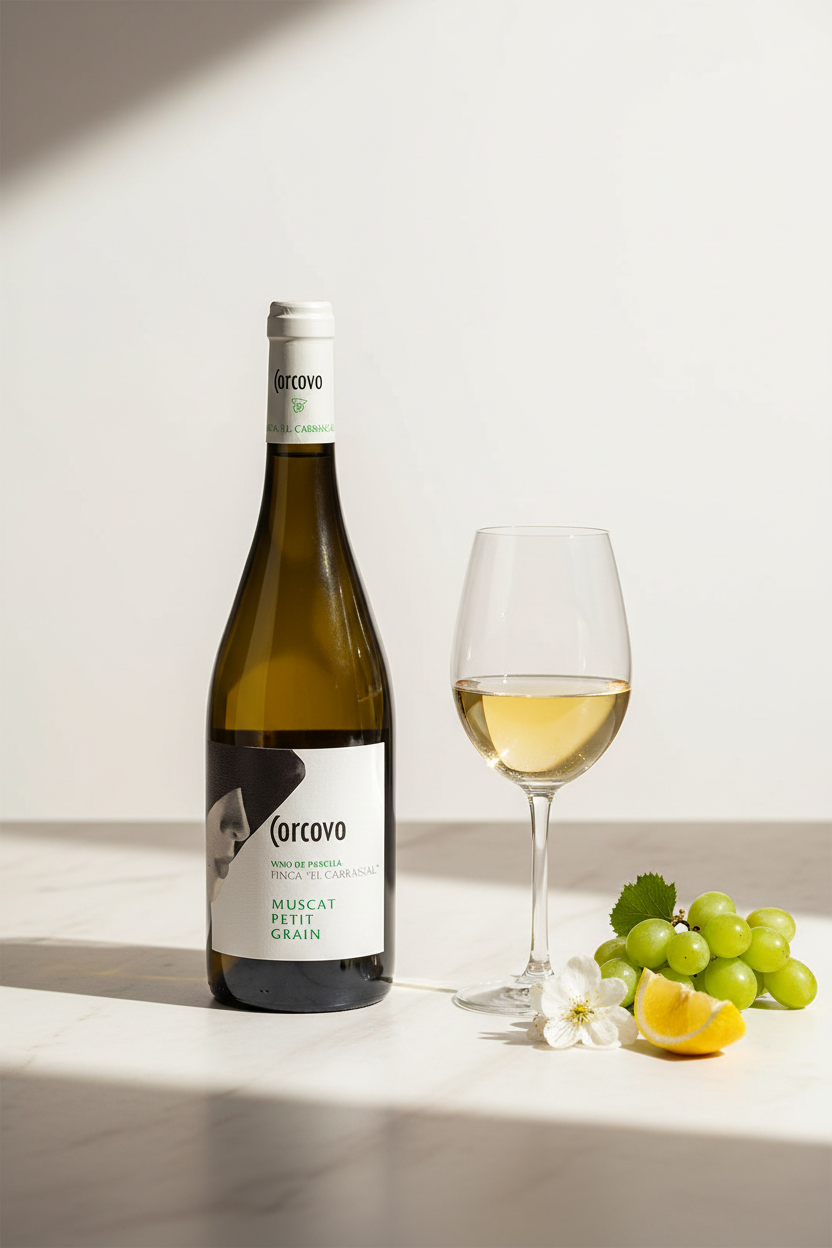 Vino Corcovo Muscat Petit Grain 750ml con copa, flores blancas y uvas sobre mármol crema