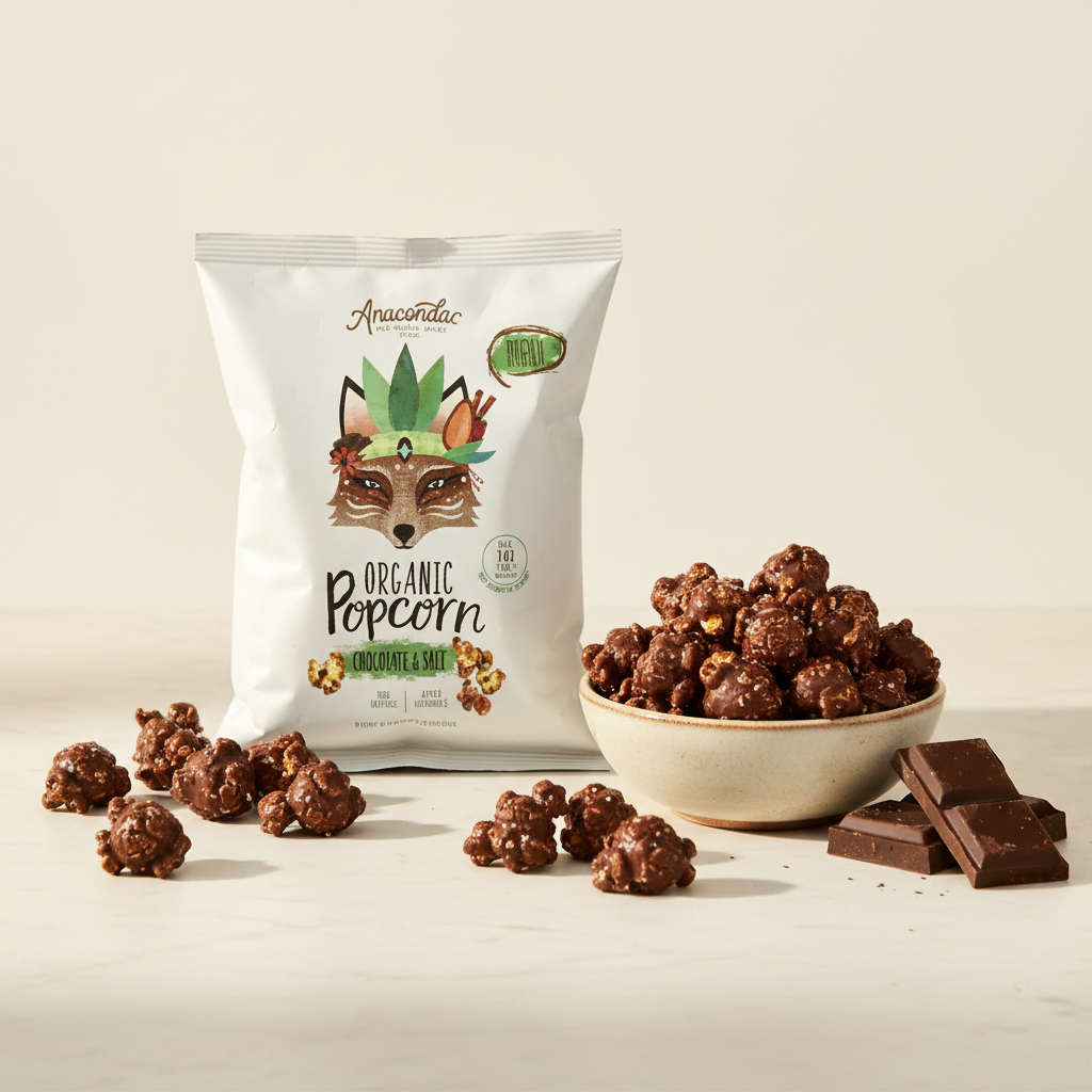 Palomitas chocolate 30g con cuenco y trozos de chocolate sobre mármol crema